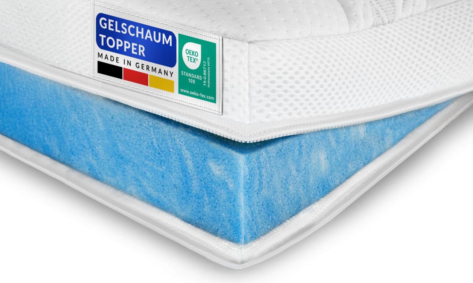 Gelschaum Topper in Weiß und Blau, hergestellt in Deutschland, mit Oeko-Tex-Zertifizierung für hohen Schlafkomfort.