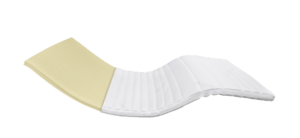 Matratze mit gelber und weißer Oberfläche, ergonomisch geformt, für optimalen Schlafkomfort.