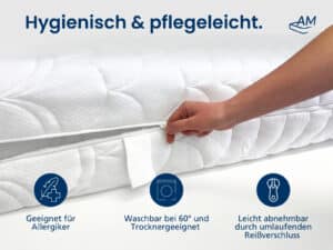 Weißer gesteppter Matratzenbezug aus Organic Cotton, abnehmbar mit Rundum-Reißverschluss, waschbar bis 60 °C