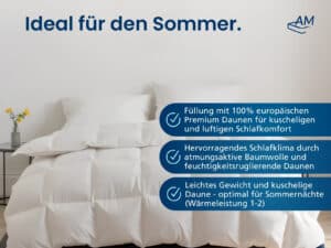 Weiße Sommer-Daunendecke, leichte 100% europäische Daunenfüllung, atmungsaktiver Baumwollbezug