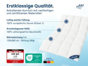 Sommer-Daunendecke 135×200 cm, 100% europäische Daune, Baumwollhülle, Füllung 200 g, Wärmeleistung 1–2