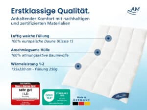 Weiße Sommer-Daunendecke 155×220 cm, 100% europäische Daune, 250 g Füllung, Baumwollhülle