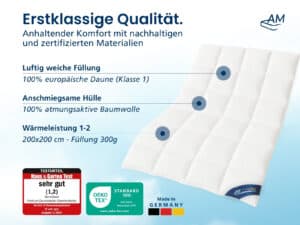 Weiße Sommer-Daunendecke 200×200 cm, 100% europäische Daune, 300g Füllung, atmungsaktive Baumwollhülle