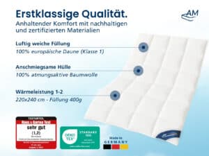 Weiße Sommer-Daunendecke 220×240 cm, leichte europäische Daunenfüllung, atmungsaktive Baumwollhülle