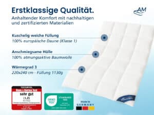 Weiße Daunendecke 220×240, 100% europäische Daune, atmungsaktive Baumwollhülle, Wärmegrad 3