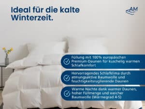 Weiße Winter‑Daunendecke, Baumwollbezug und dicke Füllung aus europäischen Premiumdaunen