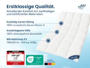 Weiße Daunendecke Winter 140×220 cm, 100% europäische Daune, 1030 g Füllung, Baumwollhülle, Wärmestufe 4–5