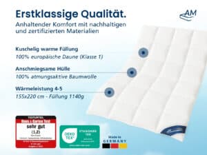 Weiße Daunendecke Winter 155×220 cm, 100% europäische Daune, Baumwollhülle, Füllung 1140 g, Wärmeklasse 4–5