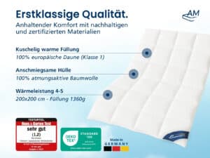 Weiße Winter-Daunendecke 200×200 cm, 100% europäische Daune (Klasse 1), 100% Baumwollhülle, Füllung 1360 g