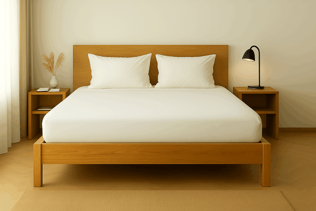 Weißes Spannbettlaken auf einem Doppelbett mit Holzrahmen und weißen Kissen.