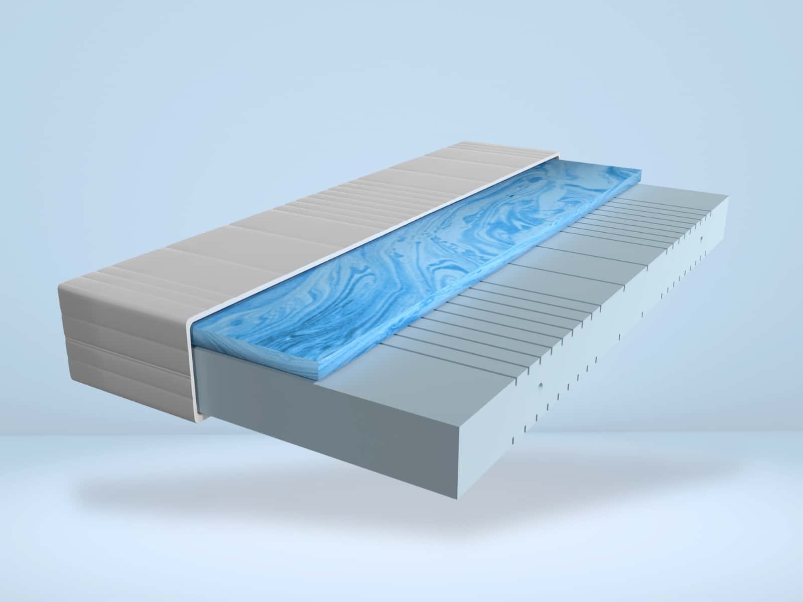 Gelschaummatratze Schnittansicht mit blauem Gelauflage, grauem Schaumkern und abnehmbarem beigem Bezug