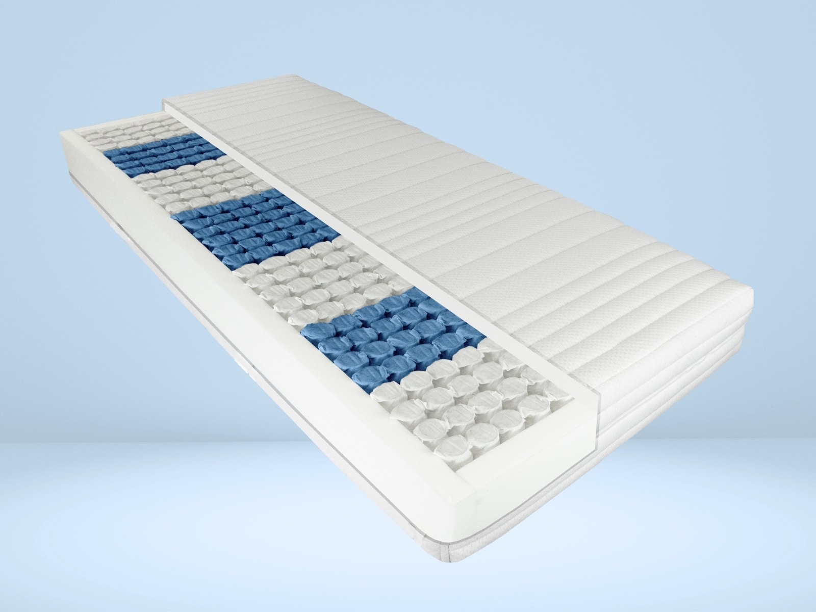 Weißer Matratzenkern mit drei blauen Komfortzonen und profilierter Oberfläche
