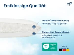 Weißes Mikrofaser-Kissen 40×80 cm mit Baumwollbezug, 650 g Füllgewicht, allergikerfreundlich