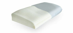 Latex-Kissen mit perforierter Oberfläche, halb weiß und halb grau, für optimalen Schlafkomfort.