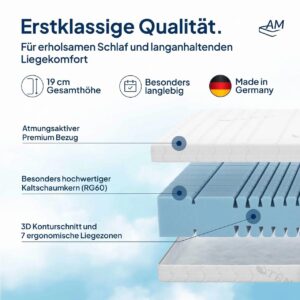 Matratze mit 19 cm Höhe, atmungsaktivem Bezug und hochwertigem Kaltschaumkern (RG60) für optimalen Liegekomfort.