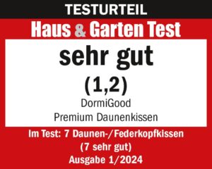 DormiGood Premium Daunenkissen, Testnote 1,2, bewertet als sehr gut im Haus & Garten Test 2024.