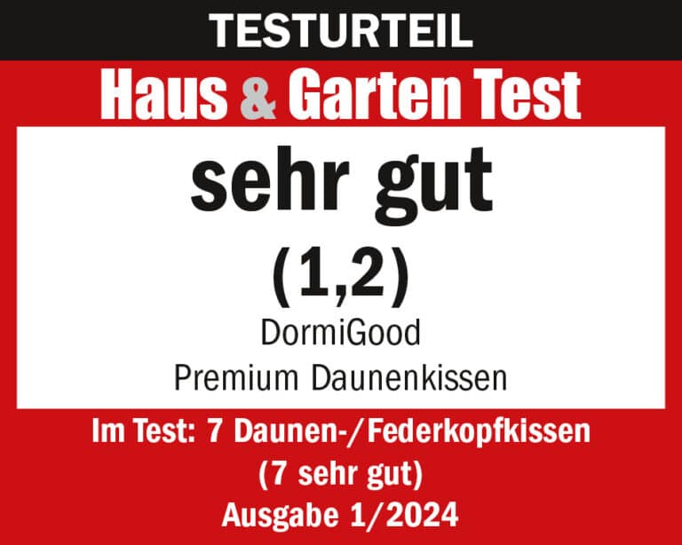 DormiGood Premium Daunenkissen, Testnote 1,2, bewertet als sehr gut im Haus & Garten Test 2024.