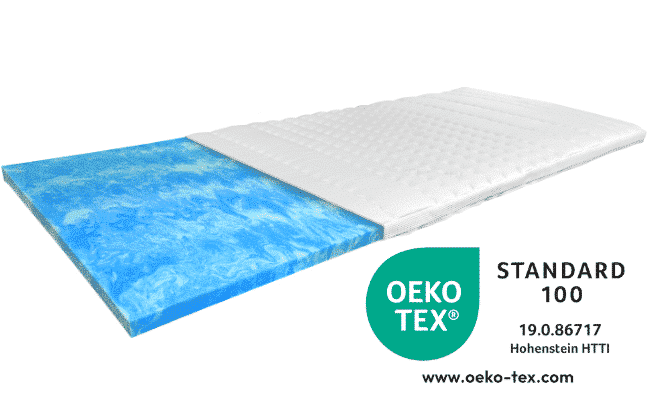 Gel Topper mit blauer Unterseite und weißer Oberseite, Oeko-Tex Standard 100 zertifiziert.
