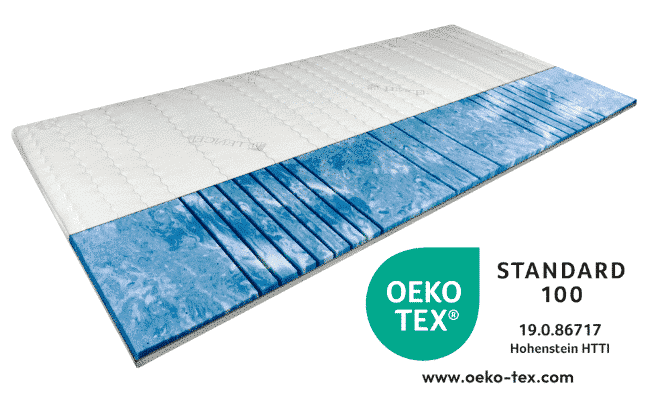 Deluxe Gel Topper mit Oeko-Tex-Zertifizierung, weiß-blau, atmungsaktiv und druckentlastend, für optimalen Schlafkomfort.