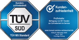 TÜV Siegel für Kundenzufriedenheit mit blauer und weißer Gestaltung