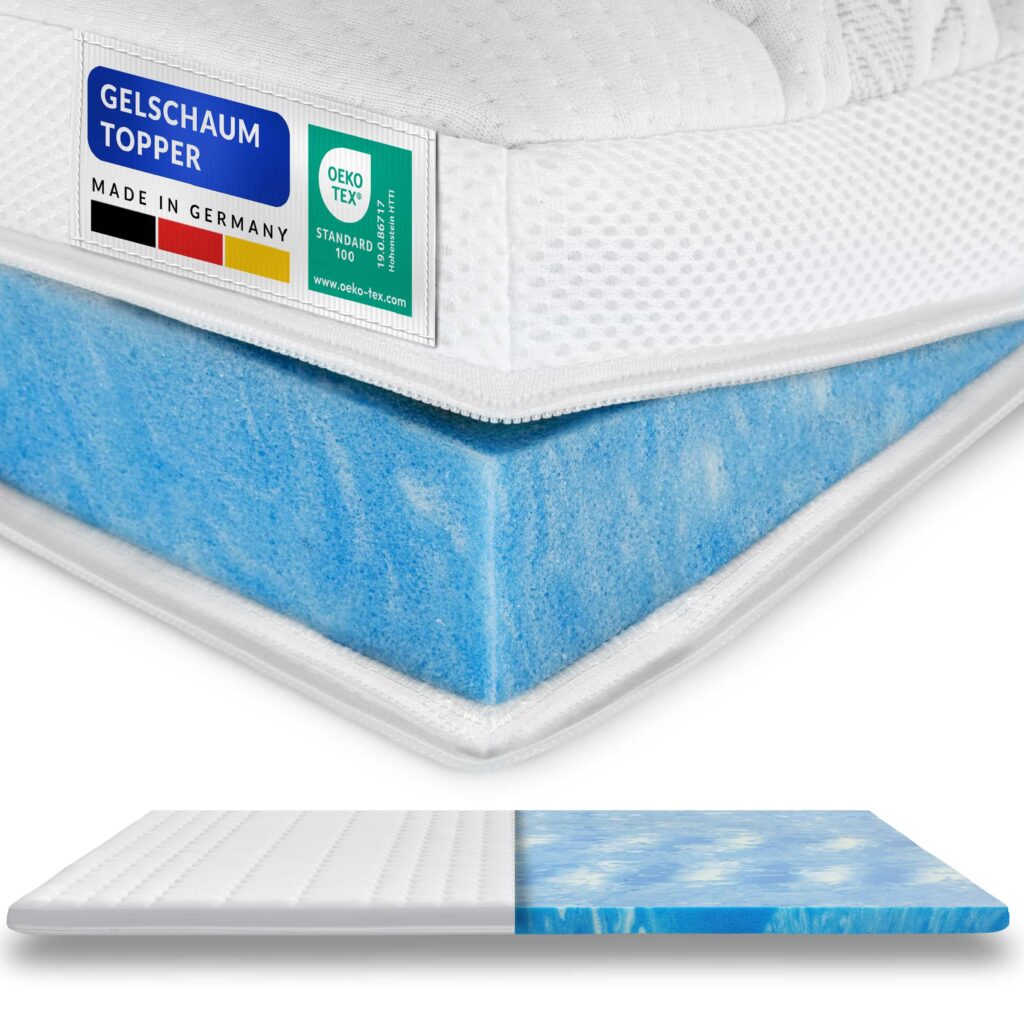 Gelschaum-Topper mit weißem Bezug und blauer Schaumstoffschicht, hergestellt in Deutschland, OEKO-TEX zertifiziert.