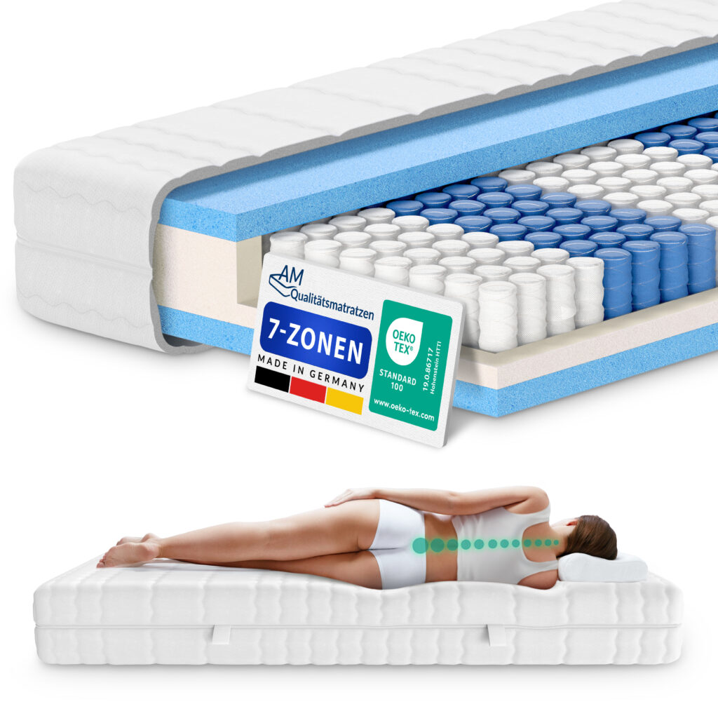 7-Zonen-Matratze mit Taschenfederkern, blauem und weißem Schaumstoff, Oeko-Tex-zertifiziert, für optimalen Schlafkomfort.