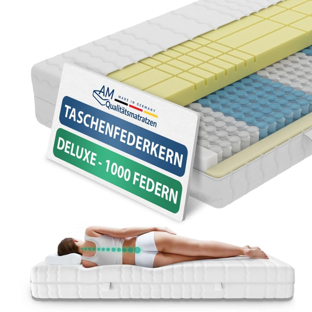 Taschenfederkernmatratze Deluxe TFK1000 mit 1000 Federn, gelber Komfortschicht und abnehmbaren Bezug.