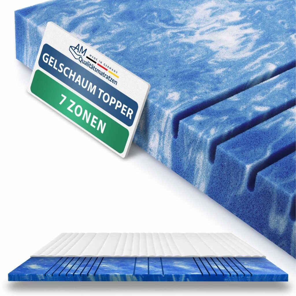 Gelschaum Topper in Blau mit 7 Zonen, bietet ergonomische Unterstützung und hohen Schlafkomfort.
