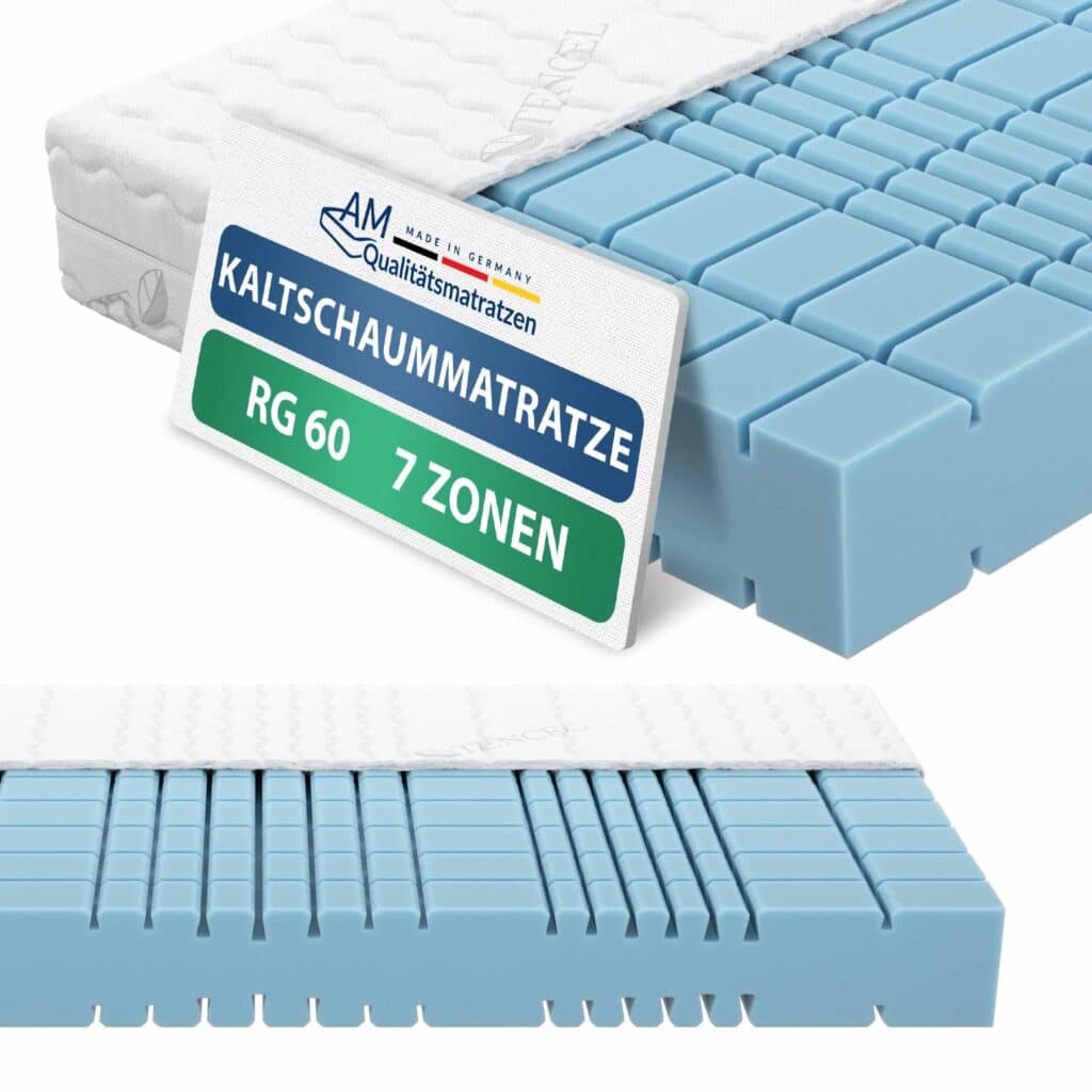 Kaltschaummatratze RG 60 mit 7 Zonen, blauer Schaumstoff, atmungsaktive Oberseite, hochwertig verarbeitet.