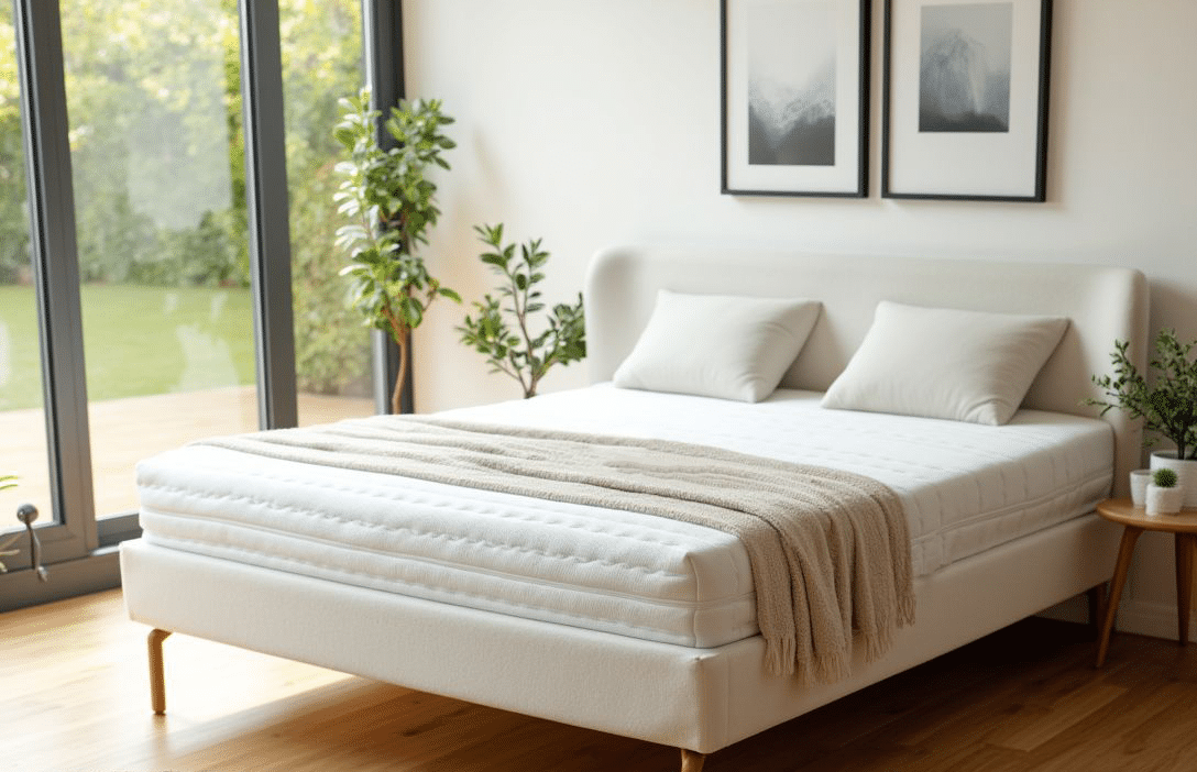 Hochwertige, weiße Matratze auf einem modernen Bett mit zwei Kissen und einer Decke, umgeben von Pflanzen.