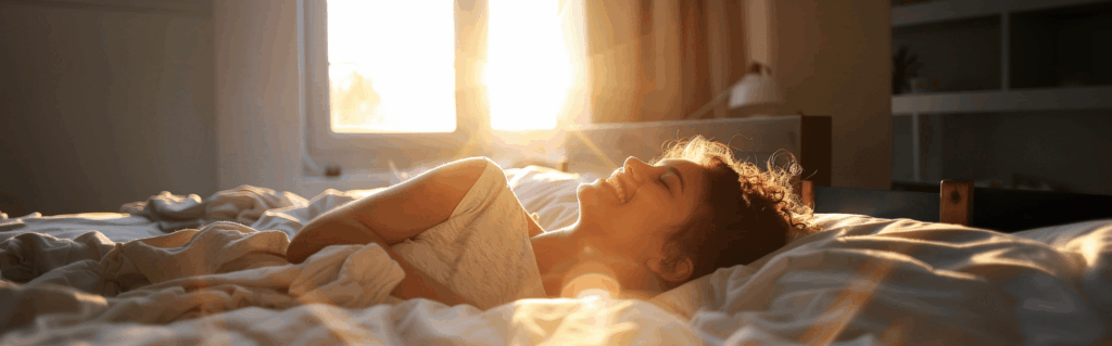 Eine lächelnde Frau liegt entspannt im Bett, während Sonnenlicht durch das Fenster strömt.