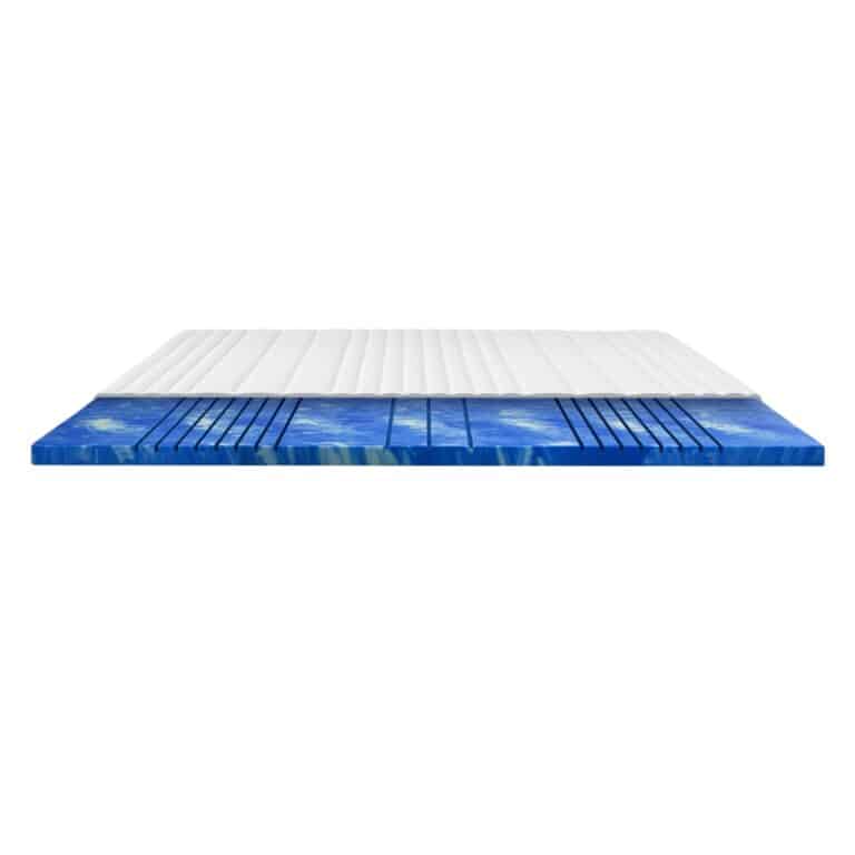 Bestseller Deluxe Geltopper in blauer Farbe, flach liegend, mit weißen und transparenten Elementen