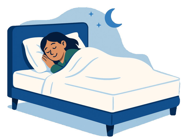 Illustration eines schlafenden Kindes in einem weißen Schlafanzug auf einem blauen Bett mit weißen Bettwäsche, nachts mit Mond und Sternen.