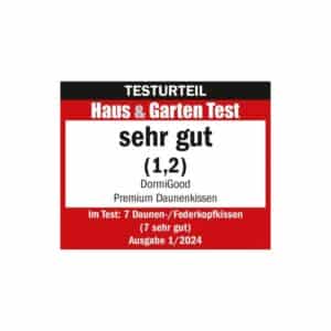 Testurteil für unser Daunenkissen: Sehr gut (1,2) im Haus & Garten Test, Ausgabe 1/2024.