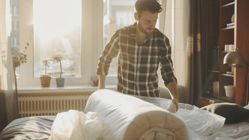 Mann beim Auspacken einer weißen Matratze im Schlafzimmer