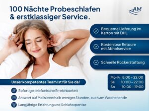 Frau mit geschlossenen Augen, entspannt auf einem Bett, werbewirksame Darstellung für Probeschlafen und Kundenservice.