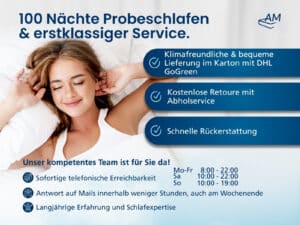 Frau mit geschlossenen Augen, entspannt auf einem Bett, werbewirksame Darstellung für Probeschlafen und Kundenservice.