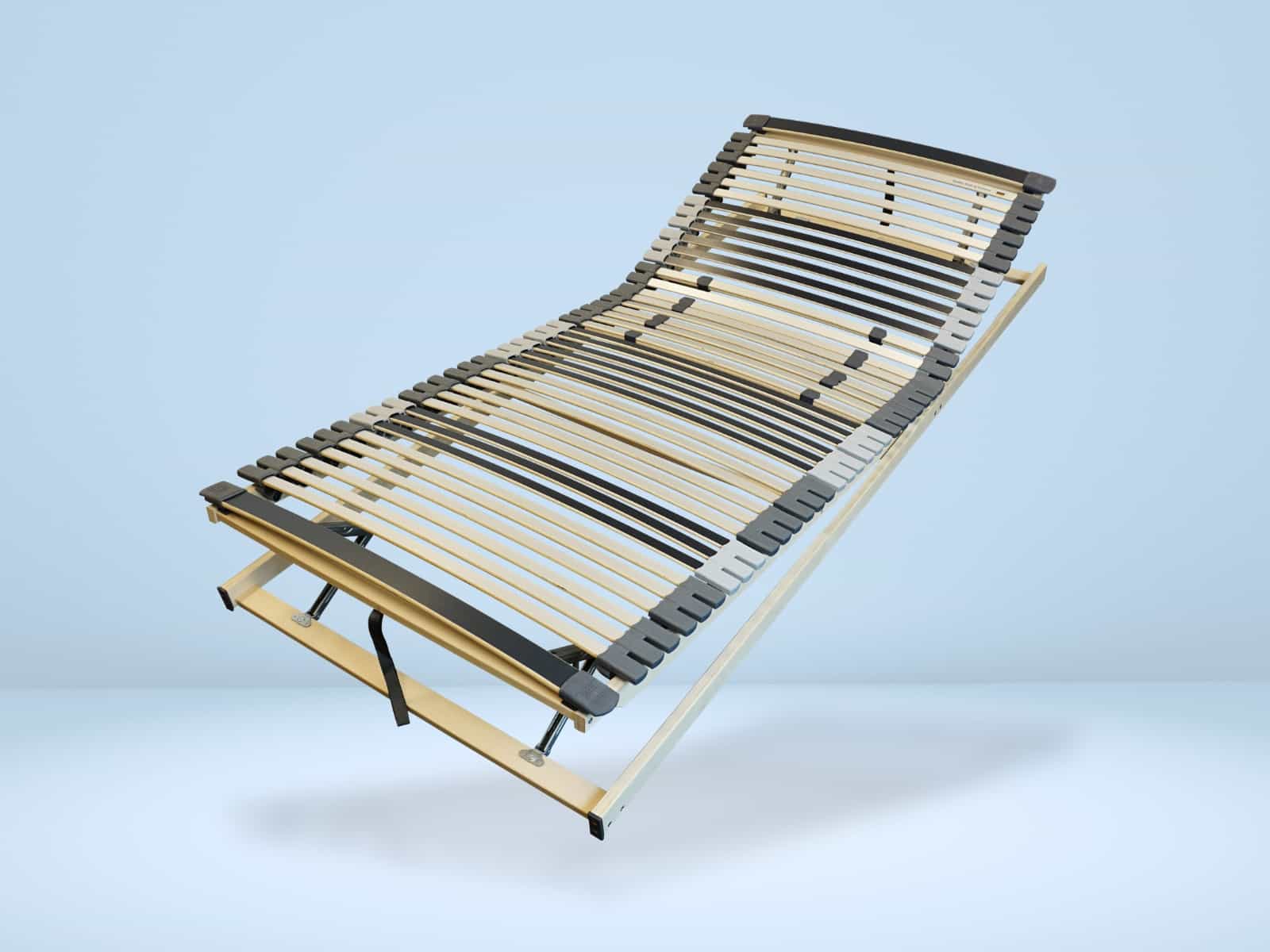 Hochwertiger Lattenrost mit verstellbarem Kopf- und Fußteil, Holzrahmen und elastischen Latten.