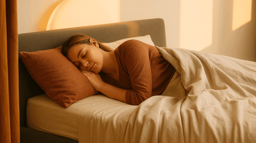 Frau schläft entspannt auf einem Bett mit braunen Kissen und weißer Bettdecke.