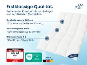 Weiße Winter‑Daunendecke 135×200 cm, 900 g Daunenfüllung, Baumwollhülle