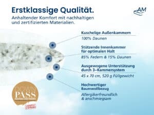 Weißes Daunenkissen 45×70 cm, 3‑Kammer, 520 g Füllung, Baumwollbezug, Downpass-zertifiziert