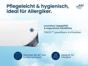 Weißes Daunenkissen 40×80 cm, TENCEL/Lyocell-Bezug, waschbar 60°C, allergikergeeignet