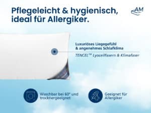 Weißes Daunenkissen 45×70 cm mit TENCEL‑Lyocell- und Klimafaser, waschbar bei 60°C, allergikergeeignet.