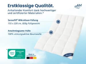 Weiße Mikrofaser-Steppdecke 155×220 cm, 820 g Füllung, 100% atmungsaktive Baumwollhülle