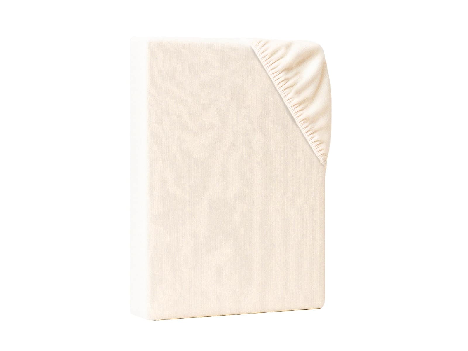 Spannbettlaken in Naturfarbe mit elastischem Rundumgummi, umgeschlagene Ecke sichtbar