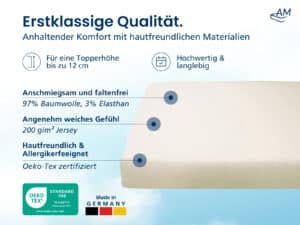 Naturfarbenes Spannbettlaken für Topper, Jersey 97% Baumwolle/3% Elasthan, bis 12 cm, 200 g/m², Öko‑Tex