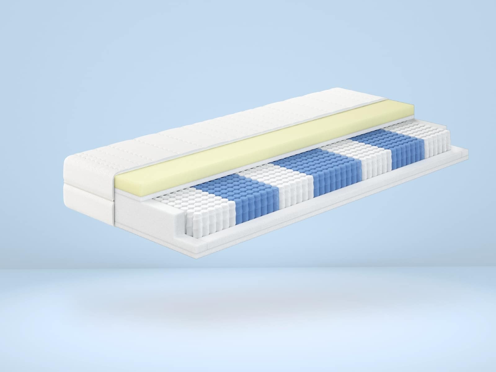 TFK Visco 1000 Matratzen-Querschnitt mit gelber Visco-Auflage, blauen Taschenfederkern-Kernen und weißem Bezug
