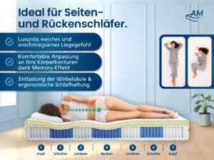 TFK Visco 1000 Matratze, mehrschichtiger Visco-Schaum (gelb-blau), ergonomisch für Seiten- und Rückenschläfer.